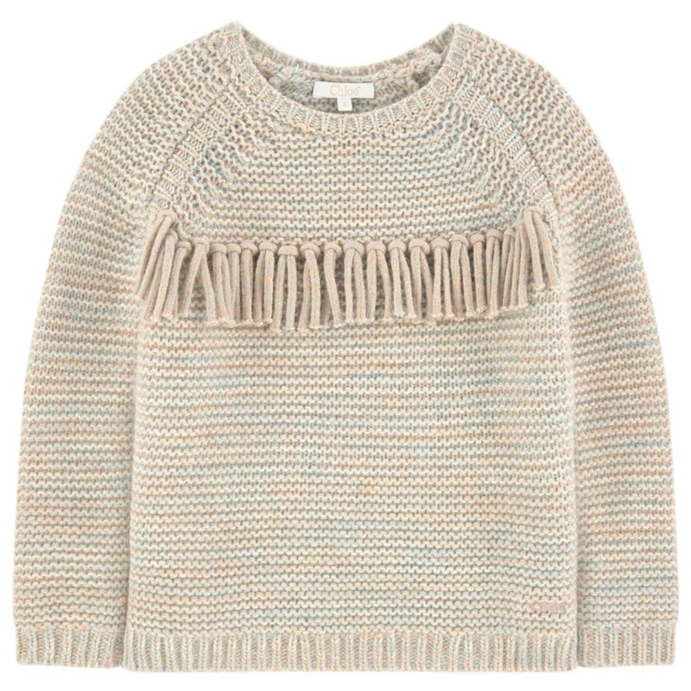 Chloé Beige Wool Knit Sweater with Fringe Accent
